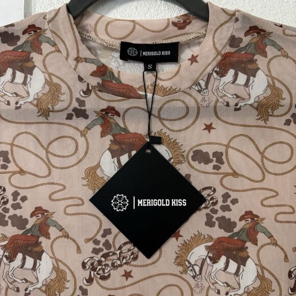 Marigold Kiss Rodeo Short Sleeve Mesh Top Small Western Cowboy Festival Sheer - Picture 2 of 5